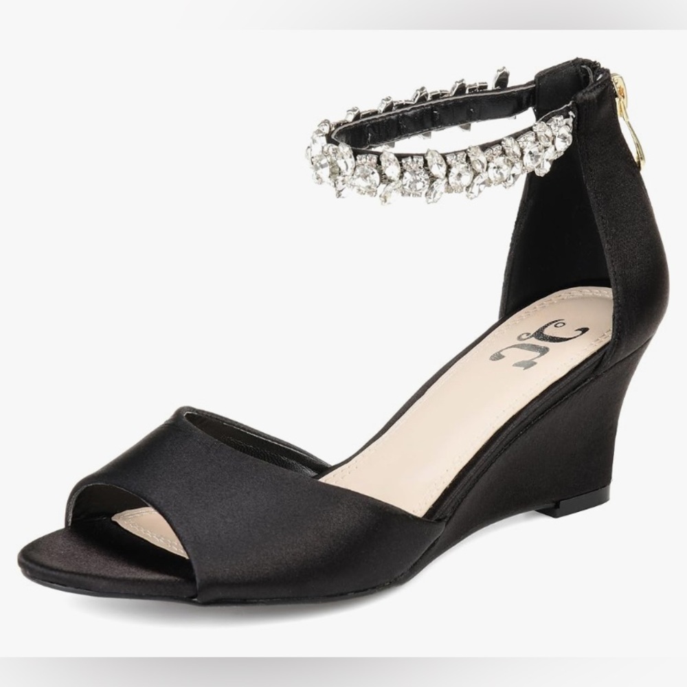 Journee Collection Black Satin Jeweled Ankle Wedge Sandals
